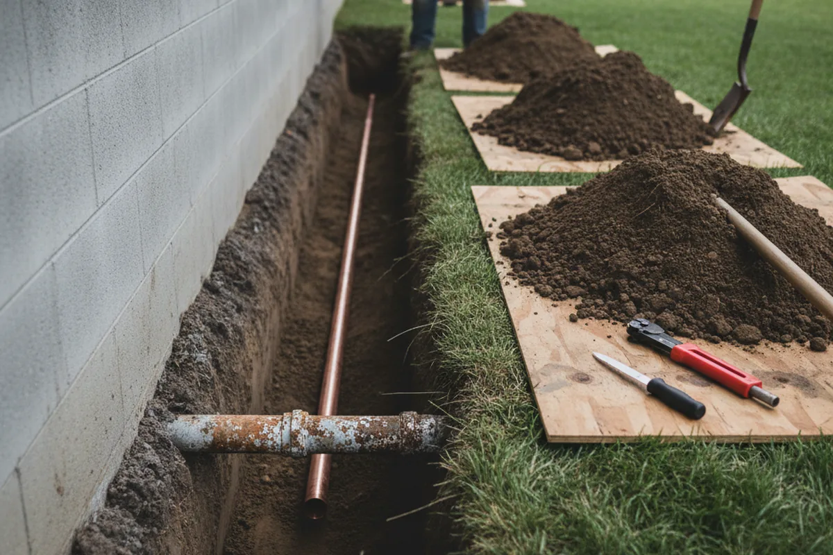 Excavated water line trench during Water Softener Installation in Valdese